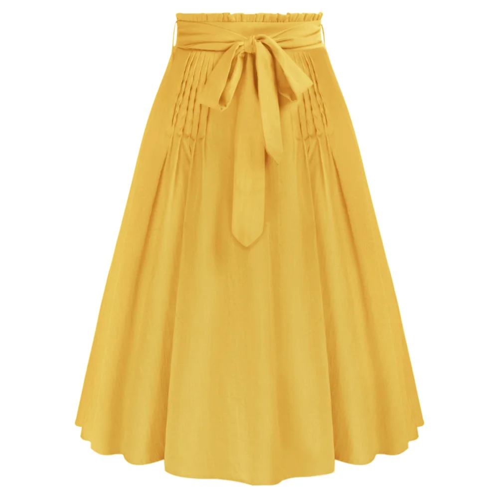 

Women Vintage Solid Skirt With Belt Elastic High Waist Flared A-Line Skirt Self-Tie Bow-Knot Skirt Keen Elegant Retro Skirts