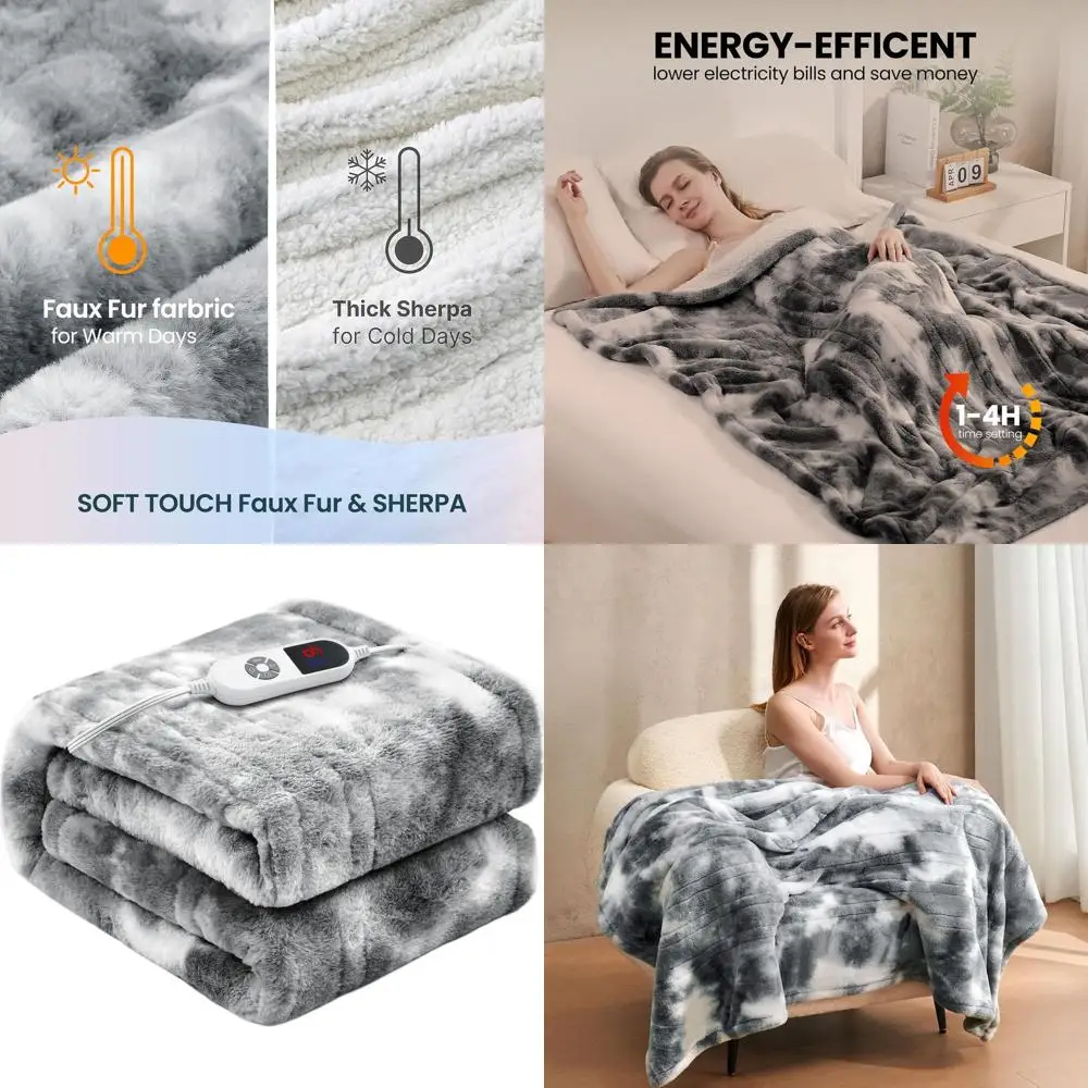 

62x84 Twin Size Electric Blanket, Luxe Grey Faux Rabbit Fur, 6 Heat Levels & 12H Auto-Off