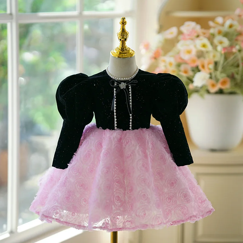 Kids Long Sleeve Flower Girl Wedding Dress Children Princess Gown 1st Birthday Piano Recital Girl Birthday Party Formal Clothes
