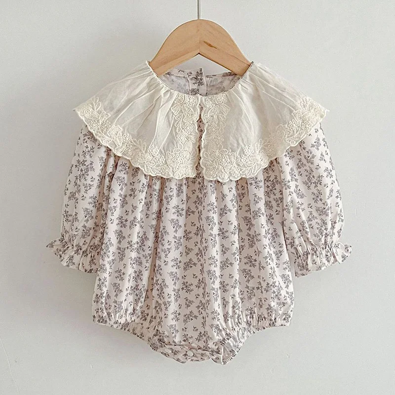 Newborn Kids Baby Girls Long Sleeve Sweet Lace Collar Printing Princess Rompers Autumn Infant Baby Girls Rompers Clothes