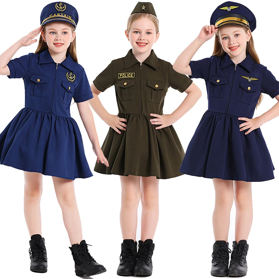 

Косплей для девочек, пилот, темно-синий капитан, профессиональная одежда, детское платье на Хэллоуин, детский сценический костюм
