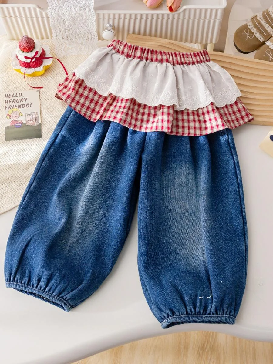 Mädchen Gefütterte Jeanshose Winter Neue Karierte Hose mit Spitzenbesatz Lässige Hose Baby Winter Urlaub Zweiteiliges Set Lange Hose