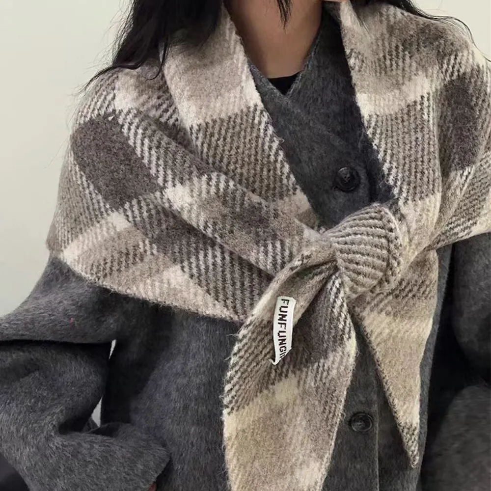 

Клетчатая треугольная накидка-шаль Майярд, свободный шерстяной шарф, открытый кардиган, мягкий шарф Майяра на осень и зиму