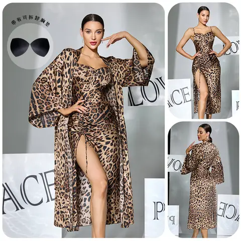 sexxy Leopard Print 2 Piece Nightwear Set Camisole Dress With Robe Removable Padded Drawstring High Slit Loungewear