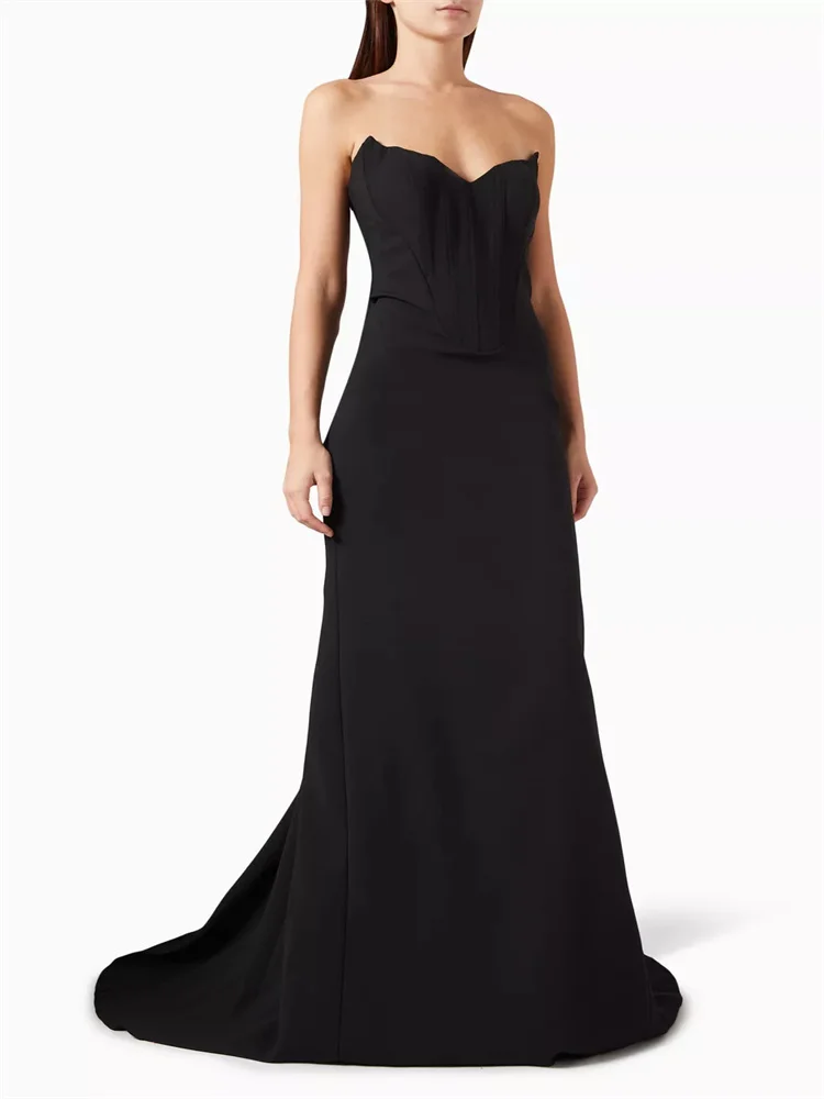 

Hot Selling Strapless Sweetheart Neckline Crepe Evening Dress Elegant Open Back Zipper Floor Length Sweep Train Gown For Women