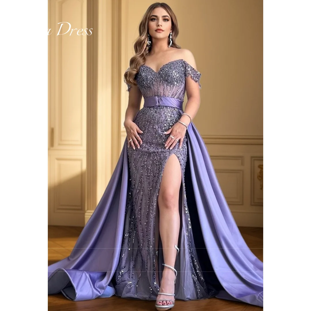 Anna Fish Tail Luxury Occasions Dresses 2024 Birthday Luxury Dress for Weddings Off the Shoulders Shiny Side Slit Evening Gown