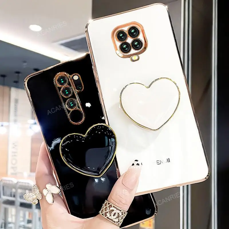 Phone Case On For Xiaomi redmi note 9 8 7 pro 9s note9 s note8 2021 Plating Love Heart Fold Holder Luxury Stand Silicone Cover