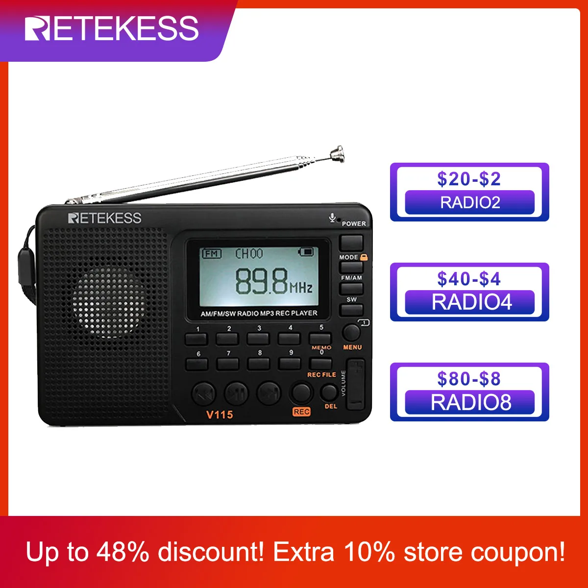 RETEKESS V115 Radio FM AM SW Portable Radios AM FM Rechargeable Shortwave Radio Battery Powered Full Waves USB Recorder Speaker