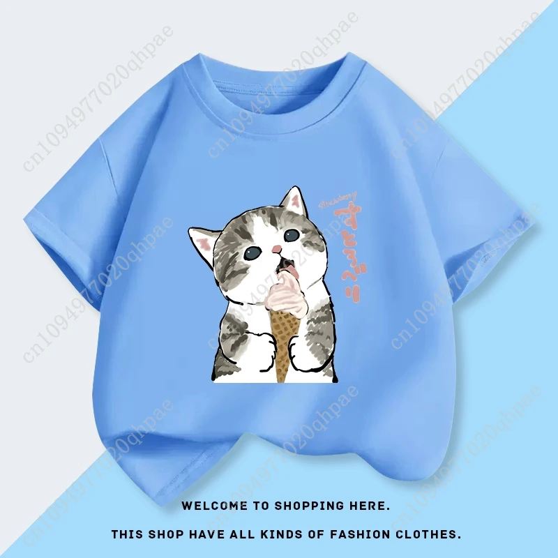 Mofusand القط الفتاة ملابس قصيرة الأكمام تي شيرت الطفل القطن الخالص أعلى الصيف ملابس جديدة الأطفال قميص أساسي