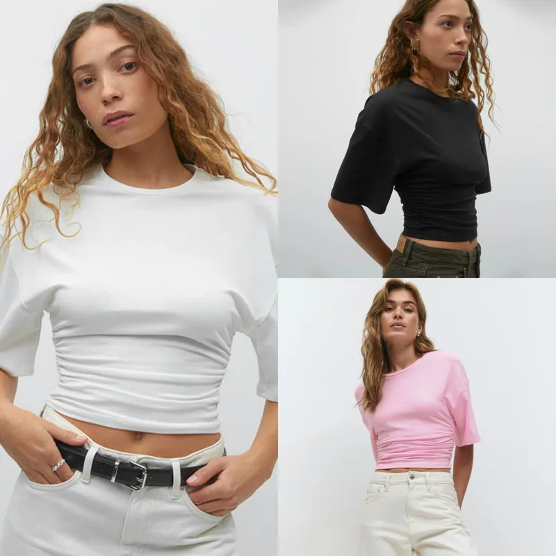 

Summer 2025 Elegant Women Solid White T-Shirt Casual O-Neck Ruched Design Loose Fit Crop Tee Y2K Office Lady Streetwear Top New