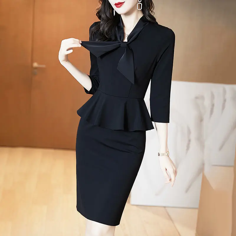 Office Lady Bow Tie Fashion Midi Dress Spring Summer 3/4 Sleeve Splicing Temperament Slim Casual Woman Black Elegant Dresses