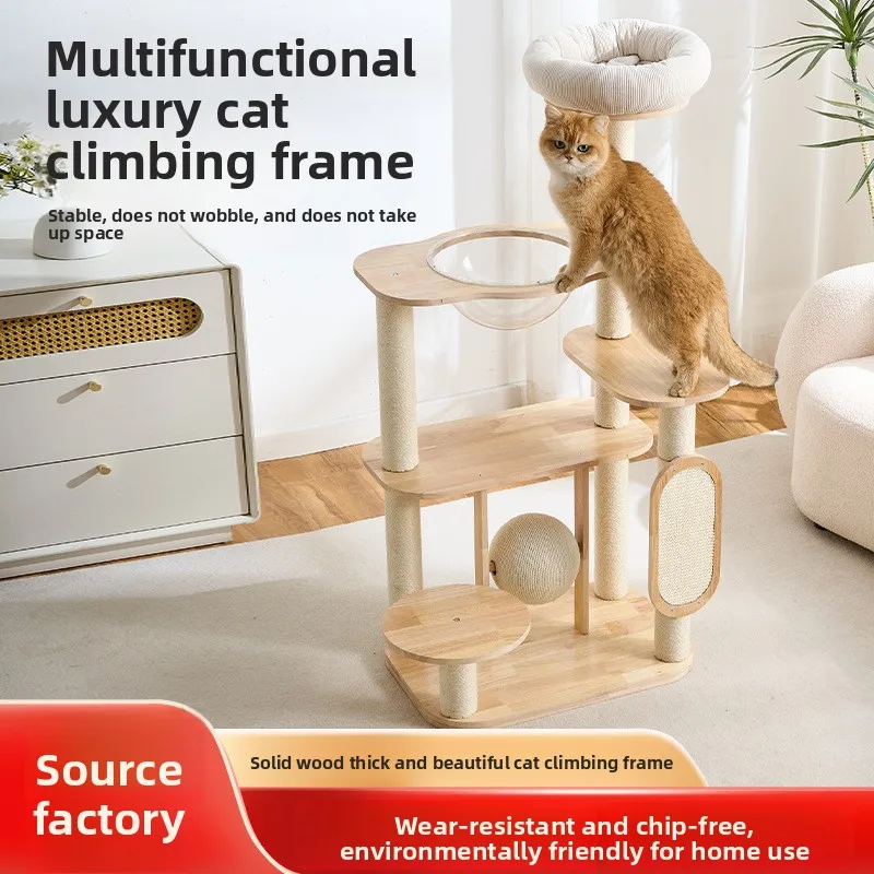 Solid Wood Cat Tree Condo Space Capsule Style Home Use Compact Footprint Large Cat Large Solid Wood Cat Tree House Furniture