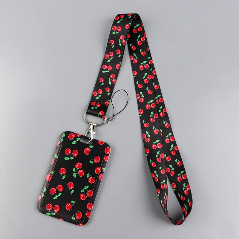 Leopard Print Love Strawberry Mobile Phone Lanyard Card Cover Bus Card Student Card Work Certificate Hard Shell