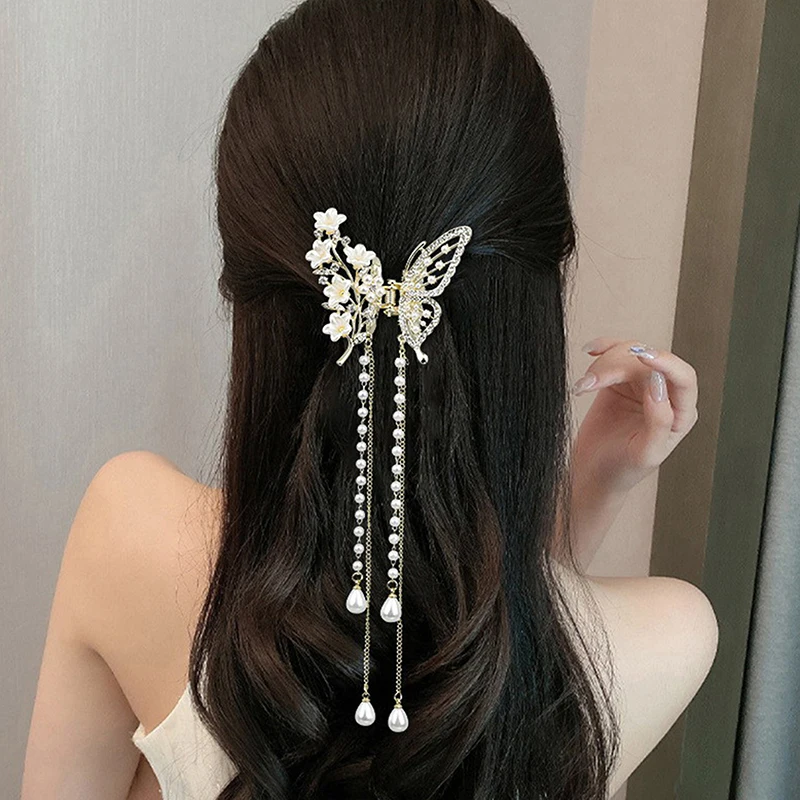 Red Flower Festival Hairpin Butterfly Tassel Pearl Hair Claw For Girls Ponytail Hair Clips Crab Women Fashion Accessories Gifts