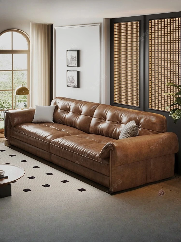 

French, retro leather sofa, first layer cowhide, Italian minimalist pine, straight row small apartment, elephant ear sofa