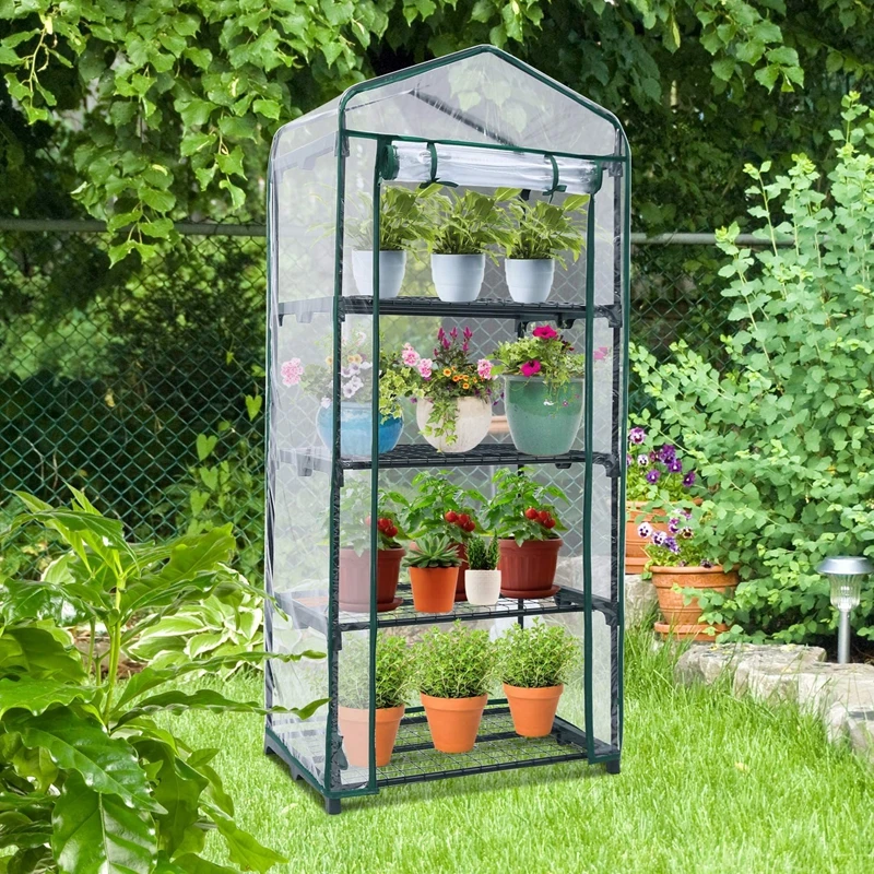 Cubierta de soporte de flores para invernadero de jardín doméstico de 2-4 niveles, cubiertas impermeables de PVC para tienda de campaña con puerta con cremallera, sin estantes