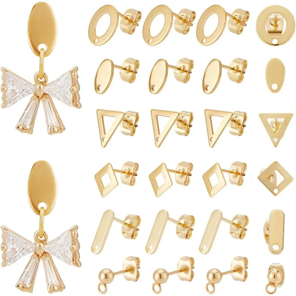 72pcs 6 Styles 24K Gold Plated Earring Posts Stainless Steel Stud Earring Findings Flat Round Rhombus Ball Earring making kit