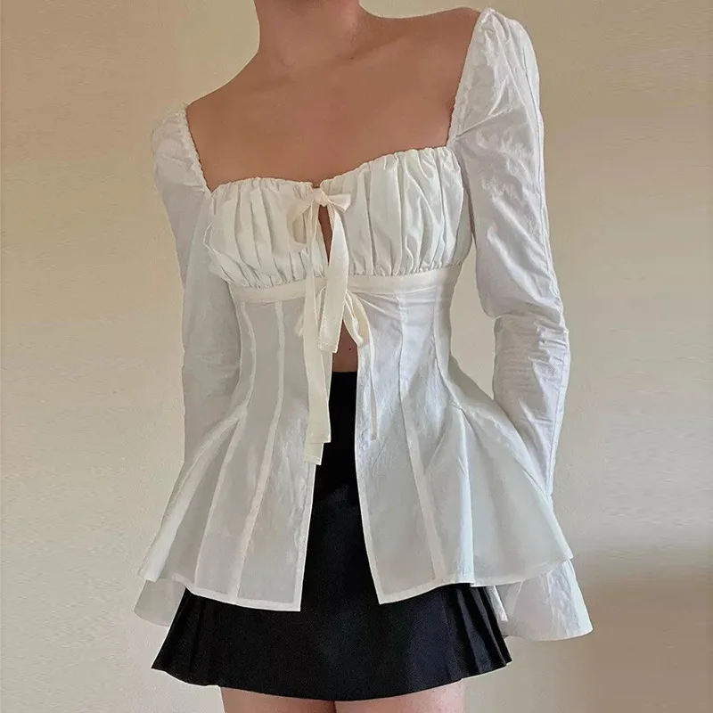 Y2K Aesthetic Chic Vintage Front Tie Up T-shirt Fairycore Folds Off Shoulder Flared Sleeve Tees Retro Women Blouse Shirt Tops