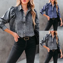 2023 Spring Autumn Boho Denim Blouse Casual Loose Shirts for Women Tops Cotton Vintage Puff Long Sleeve Shirt