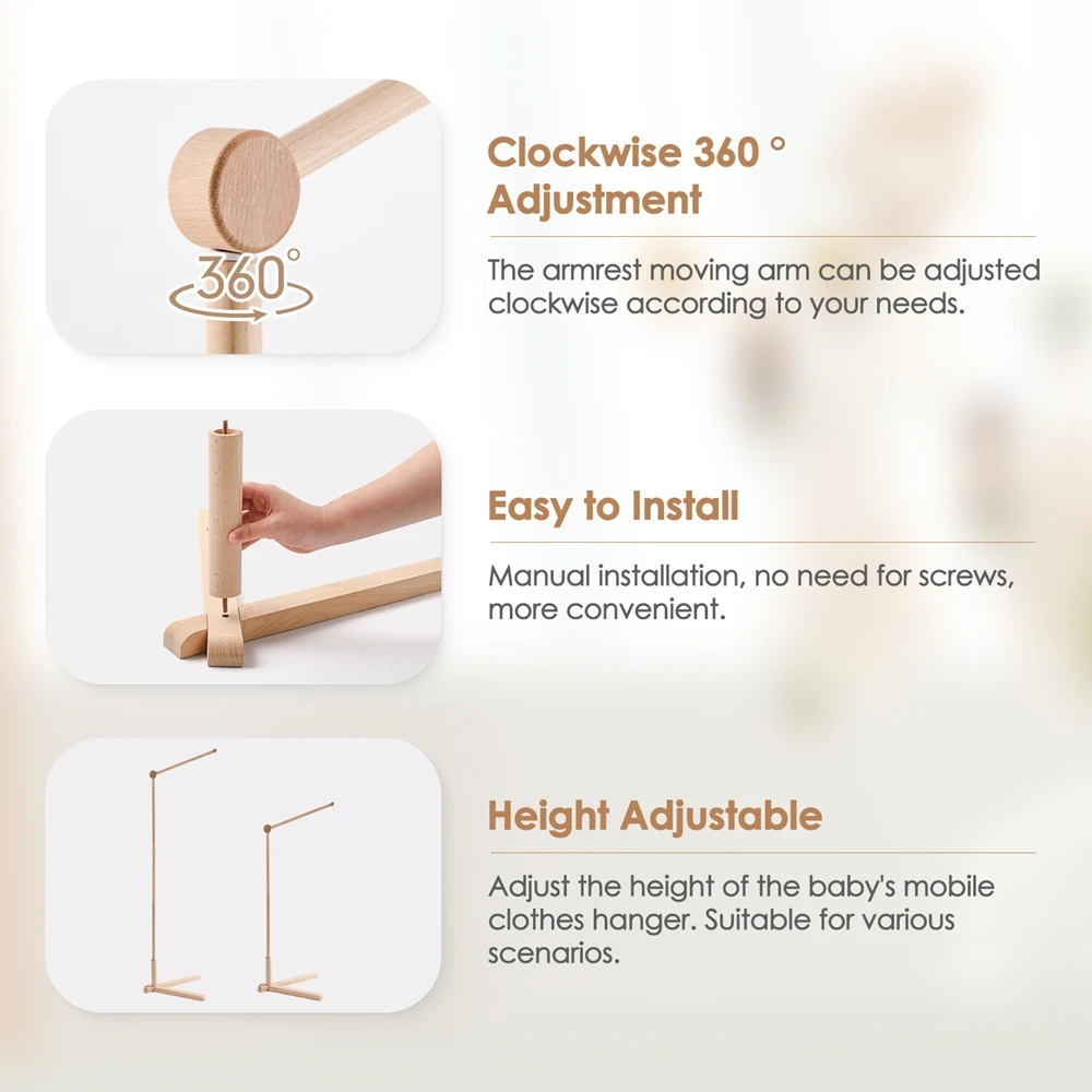 Support de meuble de berceau en bois pour lit de bébé, support de cloche autoportant avec hochets, décor de pépinière sûr et robuste pour nouveau-né de 0 à 12 mois