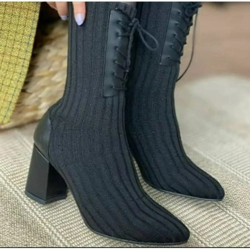 Pointed Chunky Heel Boots Black Surname High Lace-up Knit Sock Boots Plus Size 43 Non-slip Banquet Boots Thigh High