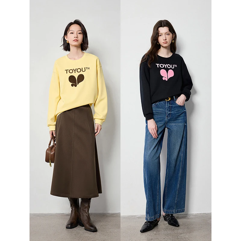 TOYOUTH Women Sweatshirt Hoodie 2024 Autumn New Love Pattern Printed Off Shoulder Round Neck Versatile Tops