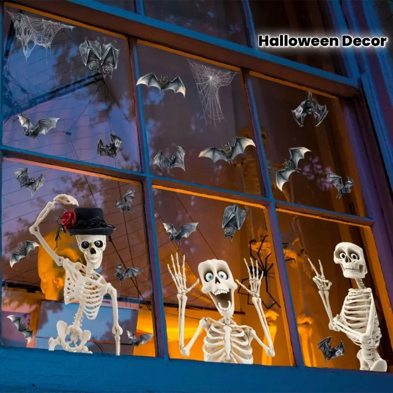 Adesivi per finestre a tema Halloween, adesivi a forma di scheletro, decorazioni da parete a forma di pipistrello, decorazioni riutilizzabili con ades