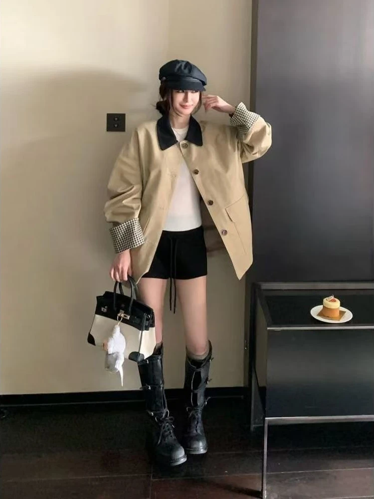 Jesienny płaszcz damski w stylu Y2K, koreański, szykowny, z wzorem w kratę, łączony, w stylu japońskim kawaii preppy, odzież damska.