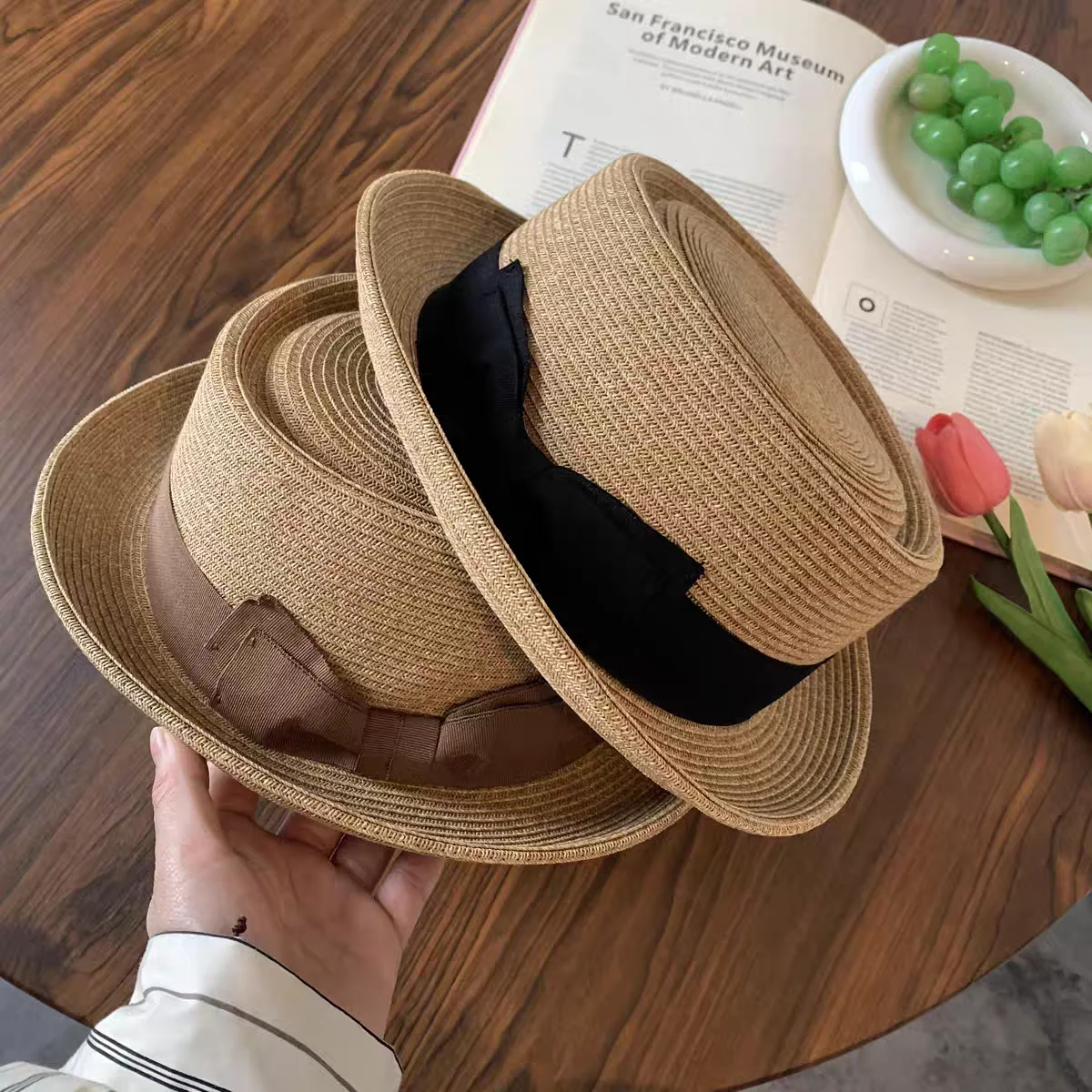 Classic Porkpie hat straw pork pie straw hat for men bow hat roll brim fedora sun hat summer trilby jazz hat vintage felt hat