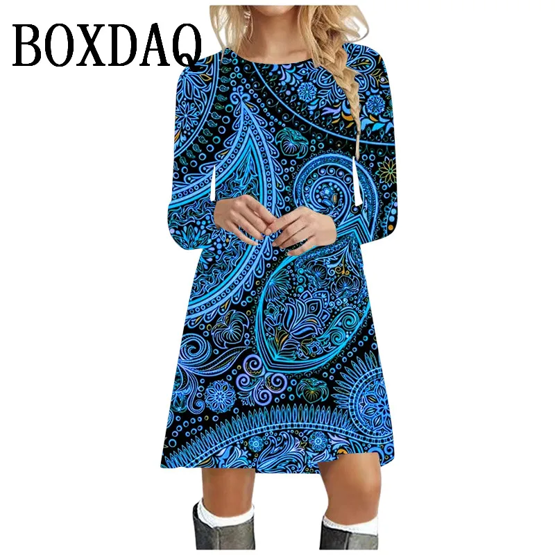 2024 Herbst Winter Kleider Damen Boho Muster Druck Vintage Kleid Langarm übergroße Kleidung lose lässige O-Ausschnitt Mini kleid