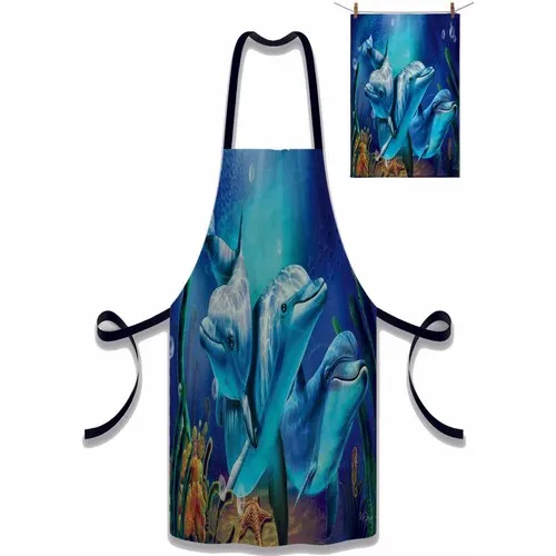 Else Carpet Else Blue Dolphins Sea Pattern Fabric Chef Dish Kitchen Apron and Towel