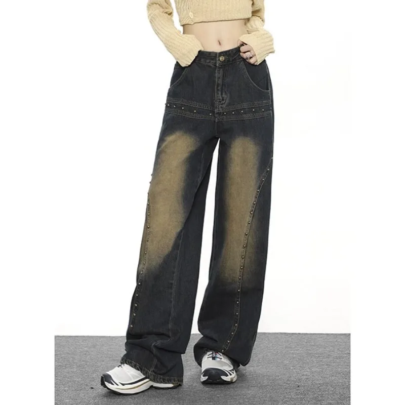 Jean perlé vintage pour femme, pantalon en denim, jambe large, taille haute, style Y2K, mode streetwear, FJAutomne