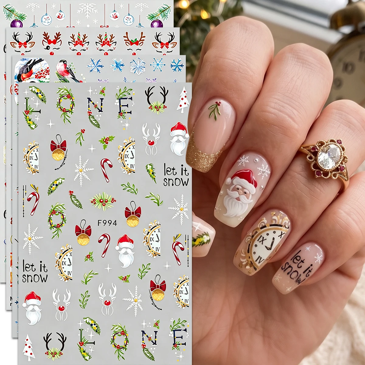 4/6PCS 3D Vintage Gold Oil Painting Christmas Nail Stickers, Winter Snowman Clock Santa Letter Nail Decals, DIY Nail Supplies