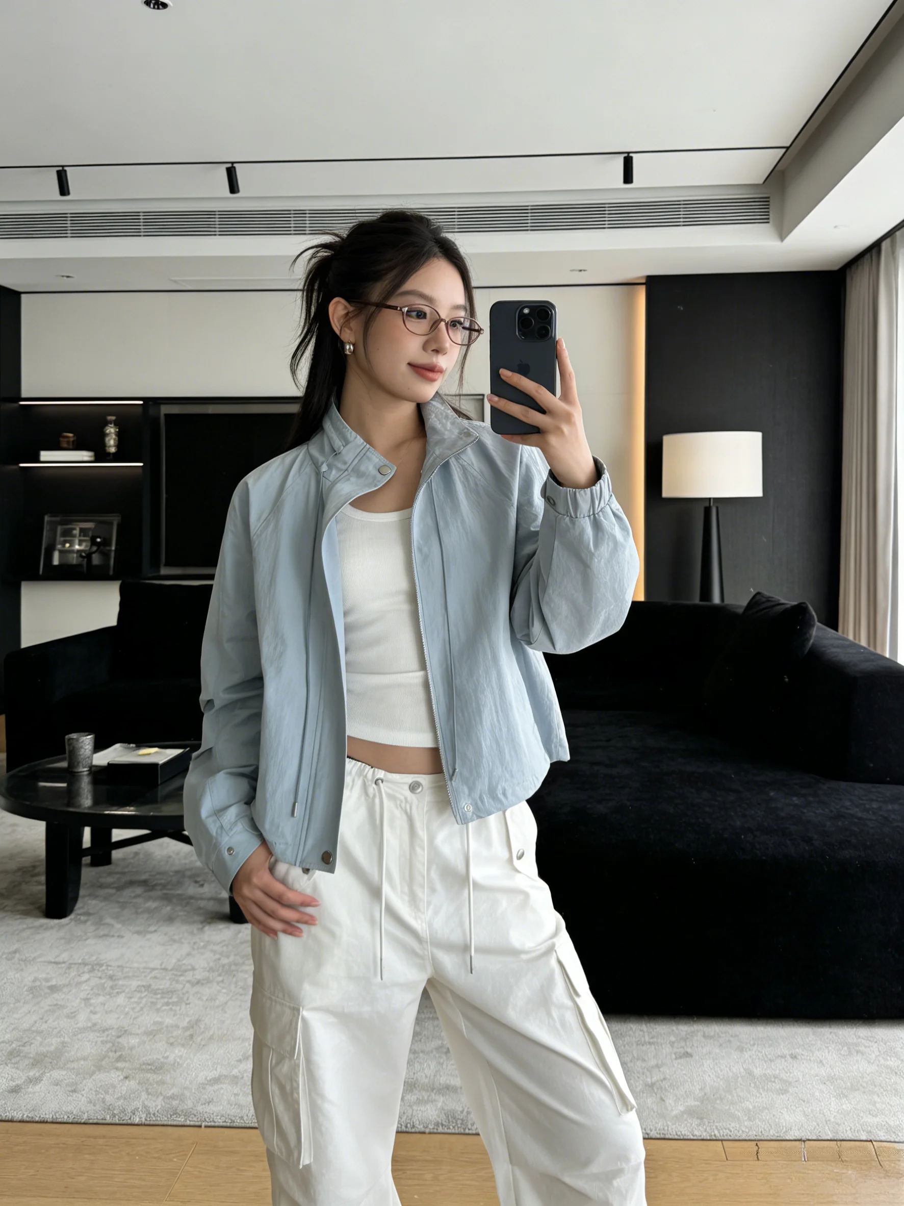 

Blue Long Sleeve Drawstring Design Stand Collar Short Jacket Loose Slimming Casual Zipper Coat Korean Style Spring New Arrival