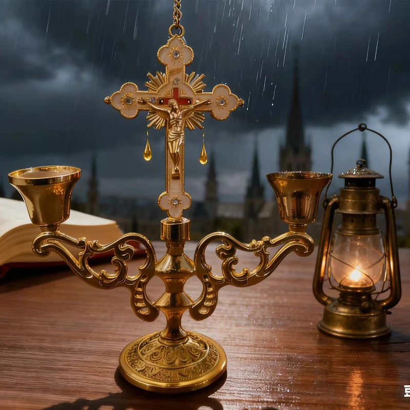 Neue Retro-Metall-Kerzenhalter im europäischen Stil aus Zinklegierung für Schabbatkerzen, Teelichter, Heimdekoration, religiöses Geschenk mit Jesus-Motiv – Detail 2