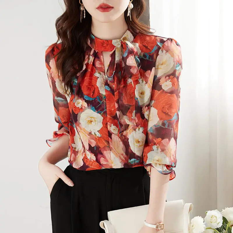 New Women\'s Stylish Vintage Ruffle Floral Print Hollow Blouse Office Lady Elegant Bow Lace Up Shirt Casual 3/4 Sleeve Loose Tops