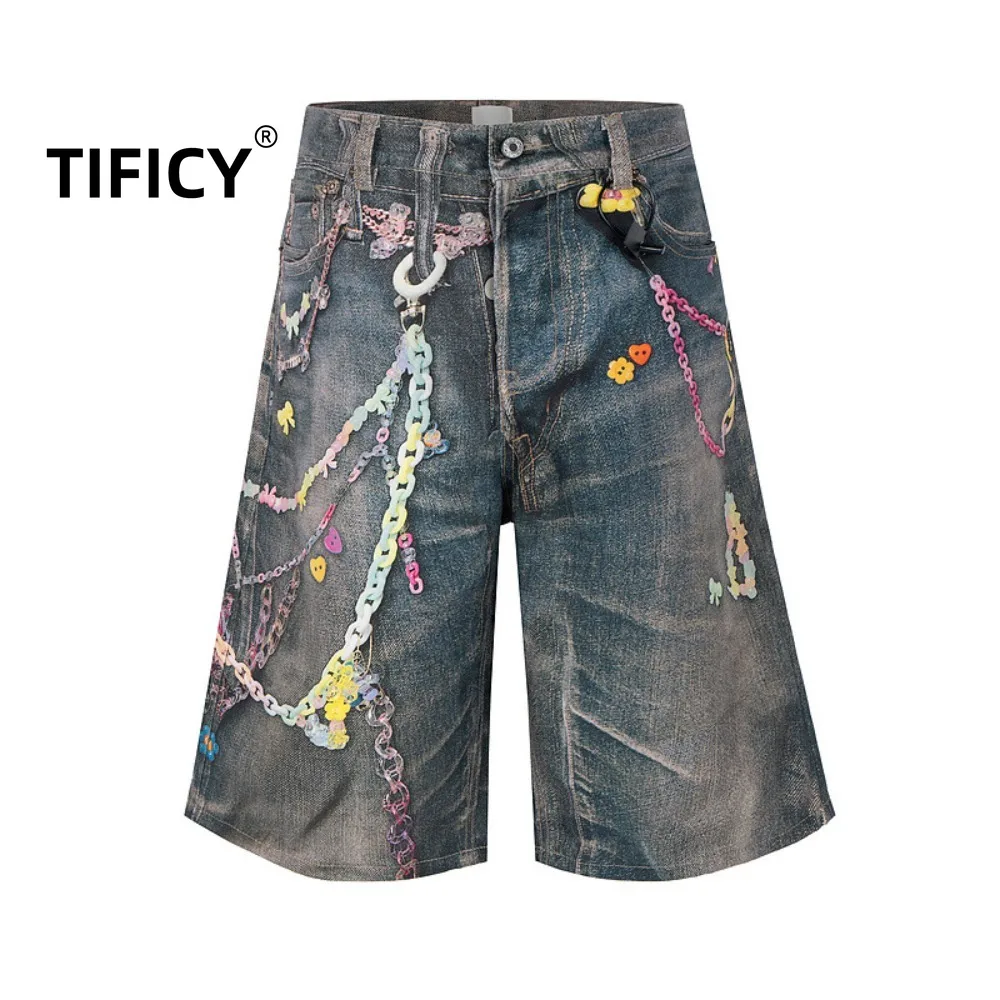 High Street Denim Shorts Men's Heavy Weight 3D Printed Candy Chain Printed Seven Quarter Jeans Casual Shorts Men Clothing