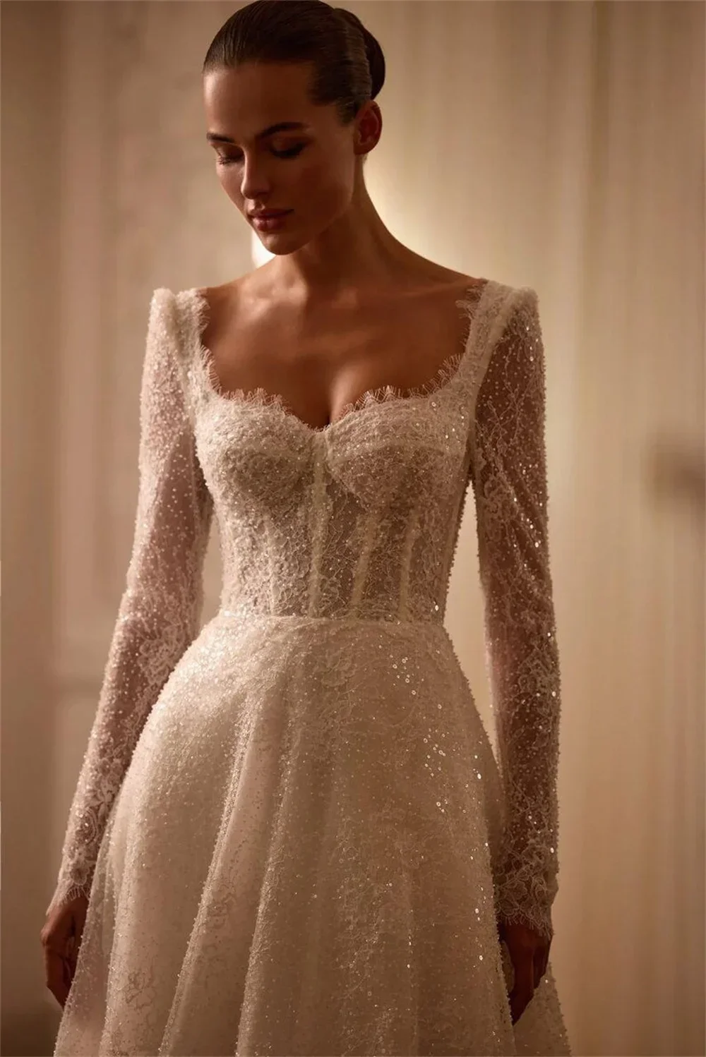 Flavinke Aangepaste Charmante Elegantie Kralen Kraag Trouwjurken A-lijn Lange Mouwen Avondjurken vestido de noiva