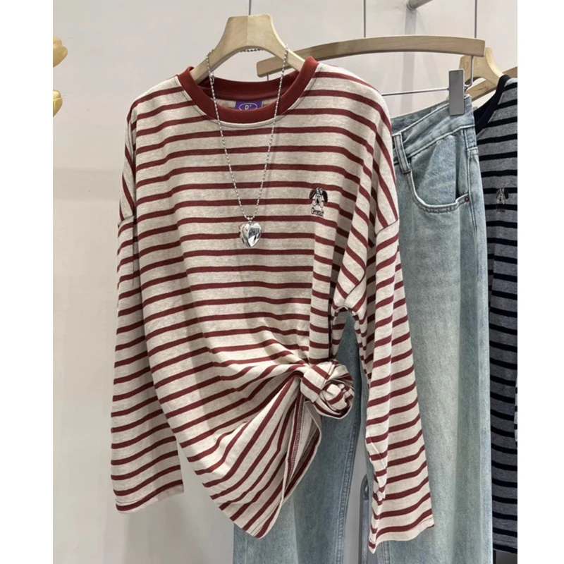 T-shirt basic in cotone oversize con ricamo a cartoni animati a righe vintage da donna T-shirt allentate a maniche lunghe con scollo a O casual Ropa De Mujer