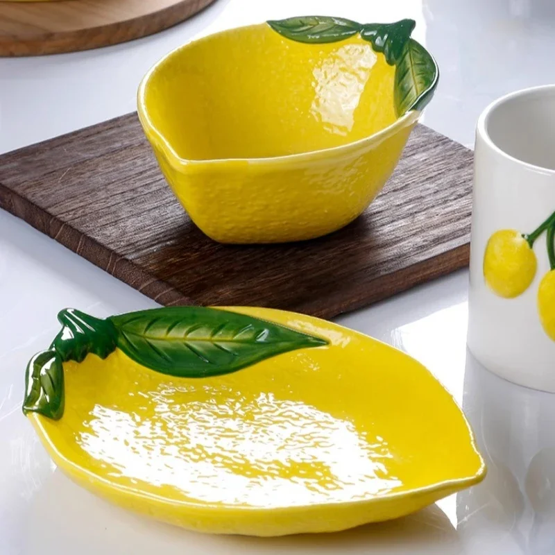 hand-painted relief, lemon bowl ceramic underglaze color, high-value dessert fruit, plate and bowl breakfast combination