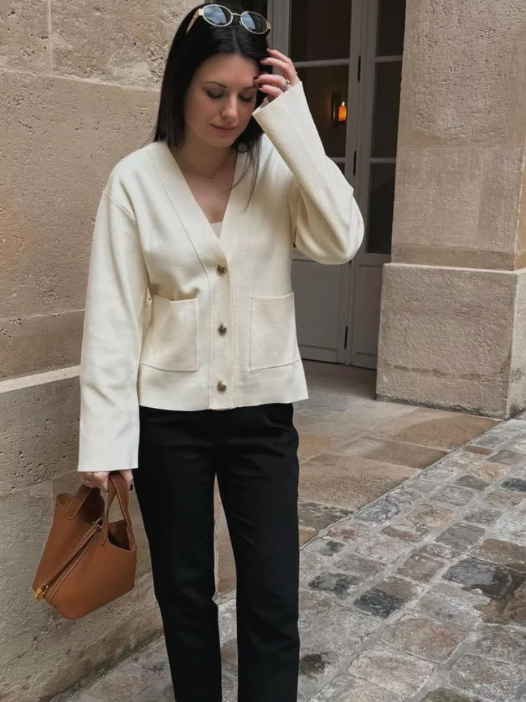 여성용 우아한 단색 V넥 포켓 카디건, 캐주얼 긴팔 싱글 브레스트 루즈 스웨터, 2024 가을 레이디 스트리트웨어, 신상