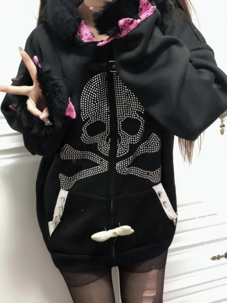 Subculture Skull Hot Diamond Sweet Cool Original Dark Punk Loose Fleece Sweatshirts Women's Thick Jacket Cat Ear Tail Coat