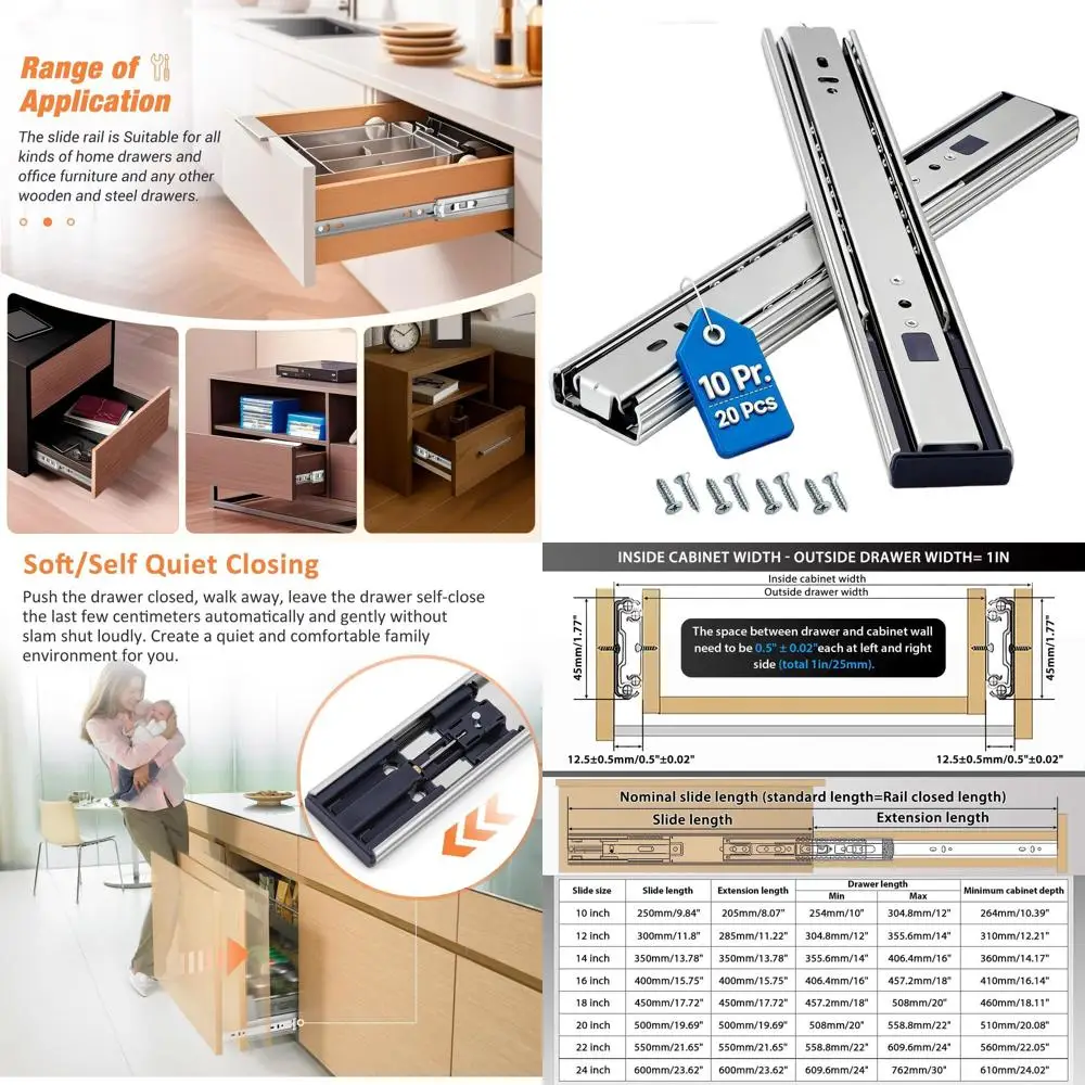 

Выдвижные направляющие для шкафов с шарикоподшипниками, боковое крепление, нагрузка до 100 фунтов, 10-24 дюйма