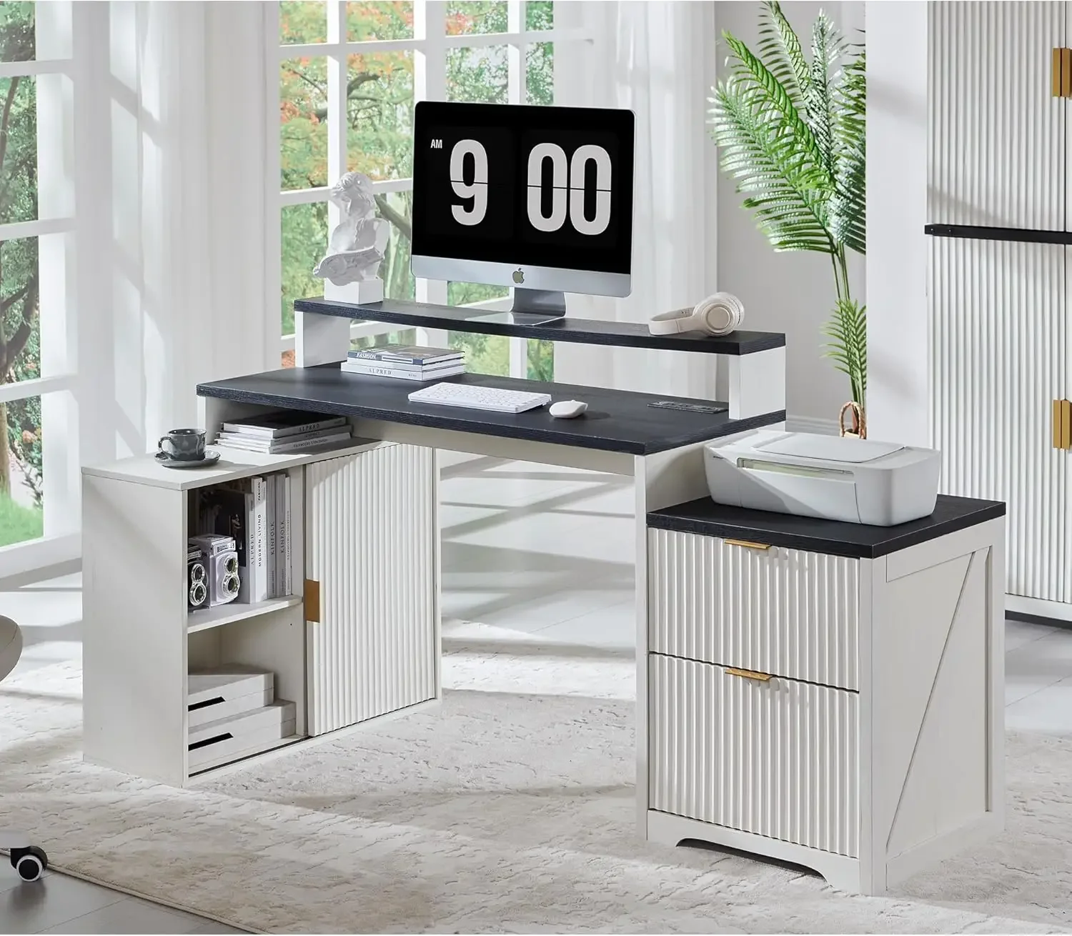 JXQTLINGMU 67 inch L-shaped desk with storage cabinets, drawers, power sockets, and a computer writing desk with grooves