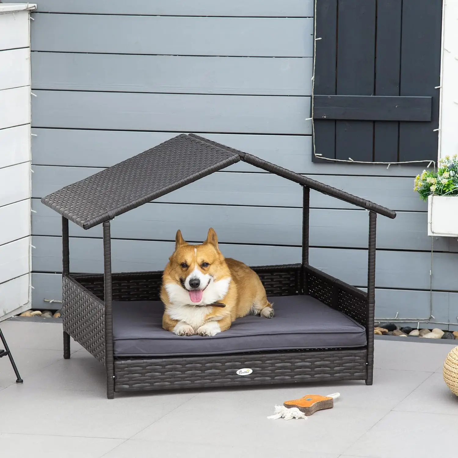 Wicker Dog House Outdoor with Canopy, Rattan Dog Bed with Water-Resistant Cushion, Raised Dog Bed for Small, Medium