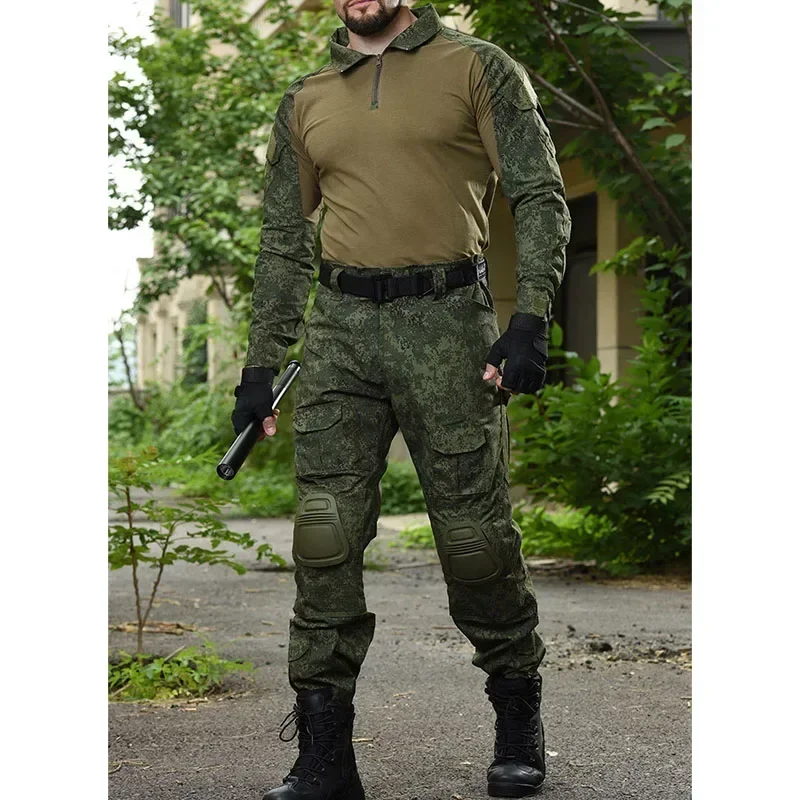 RU Camo Tactical Sets Men Outdoor Breathable Long Sleeve T Shirts+Multi-pocket Straight Cargo Pant 2Pcs Suit Training Combat Set