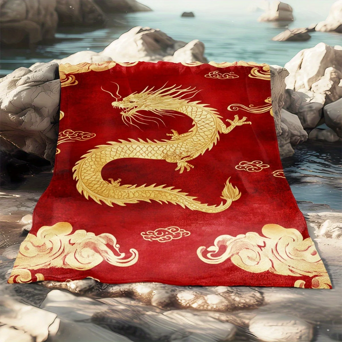 Red Base Golden Chinese Dragon Cloud Print Flannel Throw Blanket, Soft Warm Sofa Cover, Traditional Gift Bedroom Daily Rest Use