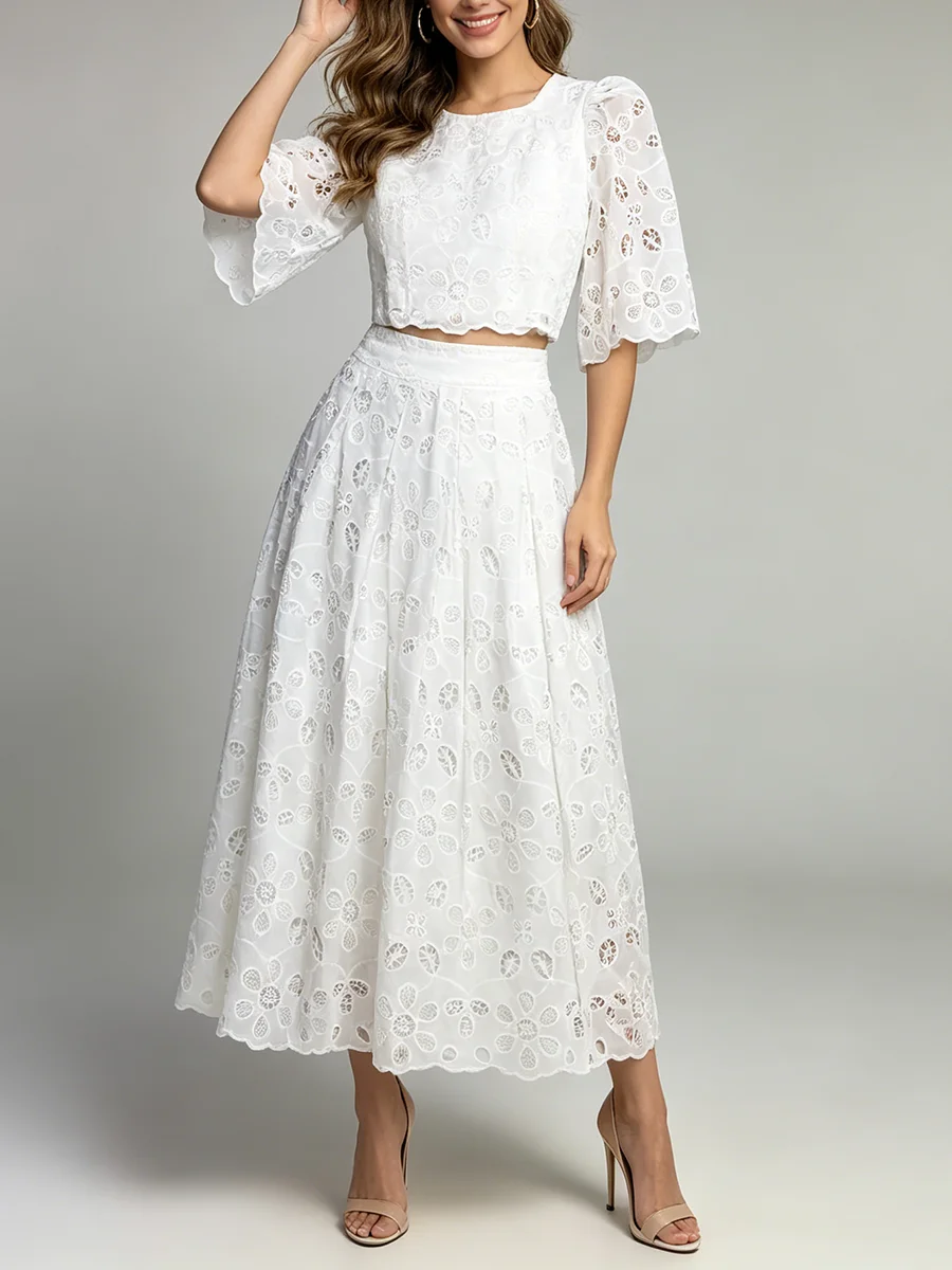 VGH Summer White Two Piece Set for Women O Neck Half Sleeves Spliced Hollow Top High Waist Flared Skirt Suit for Casual Beach
