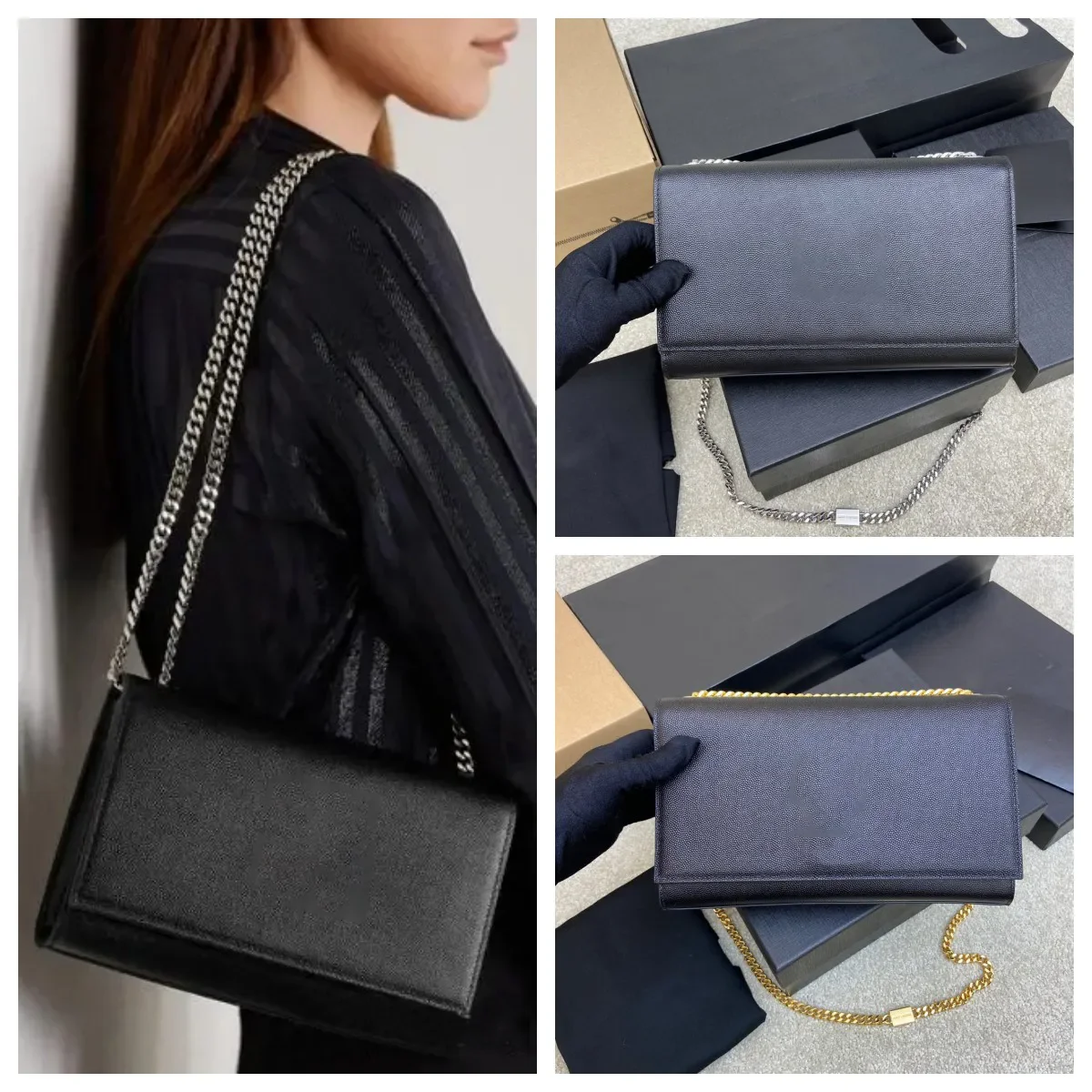 Designer KATE CHAIN AND TASSEL BAG IN TEXTURED LEATHER Woman Caviar CrossBody Fashion luxury brand Shoulder Bag Metal strap Purs