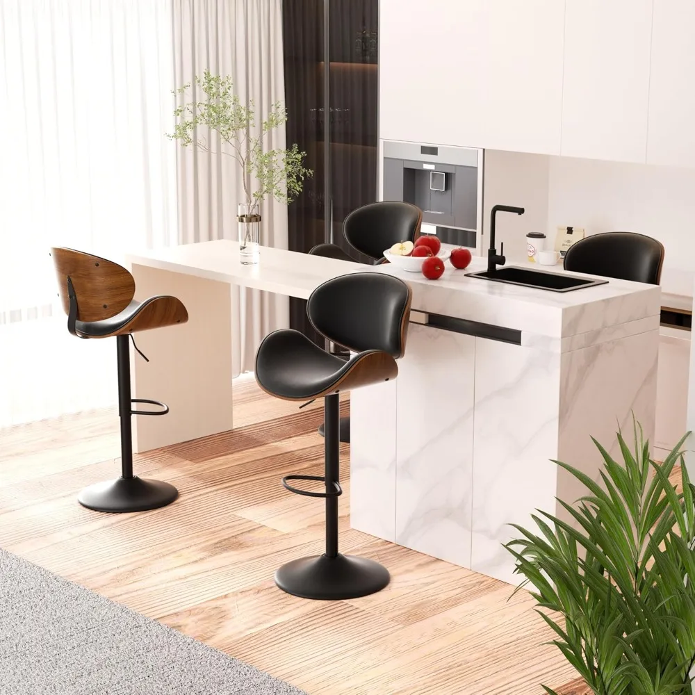 

Swivel Bar Stools Set of 4, Seat Adjustable Height 23.5-32.5IN Bentwood Barstools with Back & Footrest, PU Leather Upholstered C